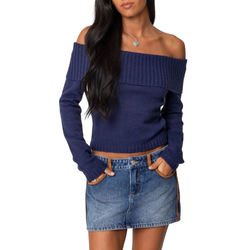 Edikted Tamara Foldover Knit Top Navy Blue Off Shoulder Ribbed Sweater Size M